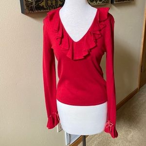 Lauren Ralph Lauren silk and cashmere red long sleeve ruffle trim Vneck sweater